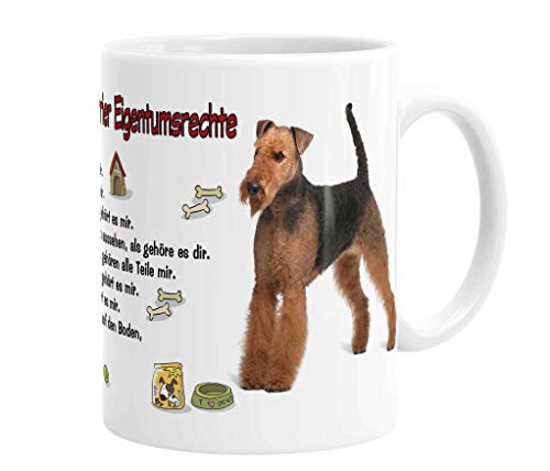 Merchandise for Fans Becher aus Keramik - 330 ml Motiv: Airedale Terrier mit Spruch Eigentumsrechte (01) von Merchandise for Fans