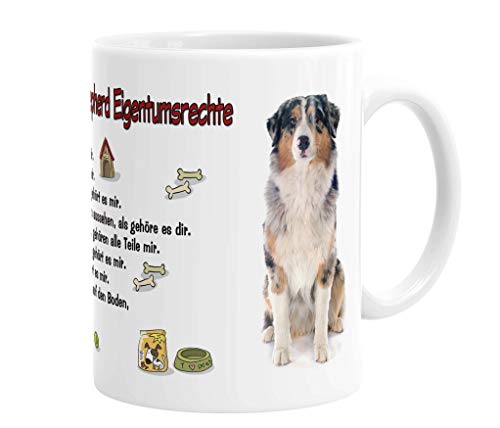 Merchandise for Fans Becher aus Keramik - 330 ml Motiv: Australian Shepherd mit Spruch Eigentumsrechte (01) von Merchandise for Fans
