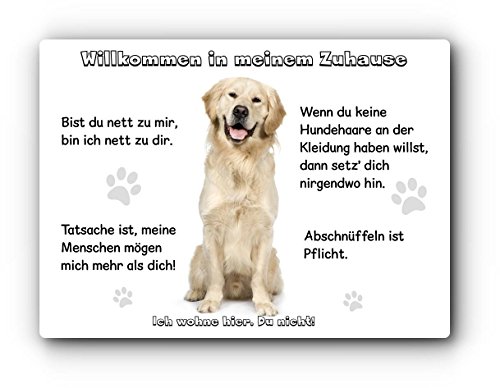 Merchandise for Fans Blechschild/Warnschild/Fun Türschild 30x40cm - Willkommen in Meinem Zuhause - Motiv: Golden Retriever/Labrador sitzend - 01 von Merchandise for Fans