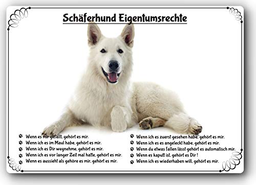 Blechschild / Warnschild / Türschild - Aluminium - 20x30cm "Eigentumsrechte" Motiv: Weisser Schäferhund (06) von Merchandise for Fans