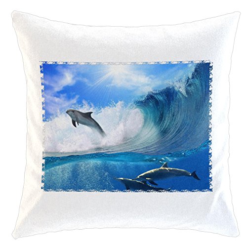 Kissen/weiches Kuschelkissen mit Füllung 40x40cm - Motiv: Delfine im Meer auf einer Welle surfend | 009 von Merchandise for Fans