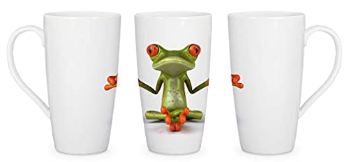 Merchandise for Fans Latte Macchiato Becher Kaffeebecher aus Keramik mit Fotodruck - 450ml - Motiv: 3D-Comic Frosch beim Yoga |001 von Merchandise for Fans