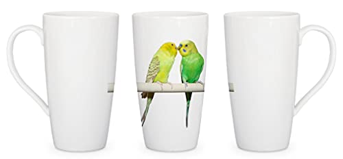 Merchandise for Fans Latte Macchiato Becher Kaffeebecher aus Keramik mit Fotodruck - 450ml - Motiv: Wellensittich |001 von Merchandise for Fans
