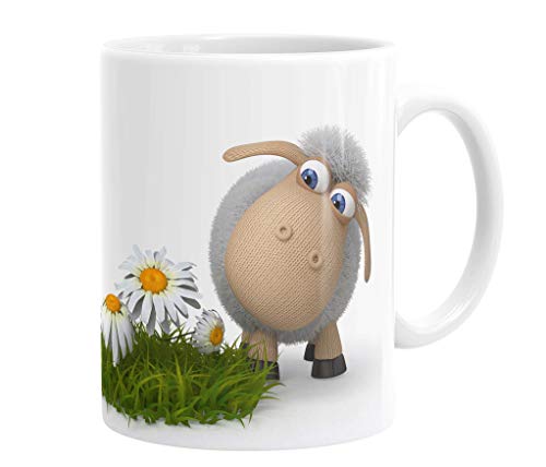 Merchandise for Fans Becher aus Keramik - 330 ml Motiv: 3D-Schaf/Schafe mit Gänseblümchen (01) von Merchandise for Fans