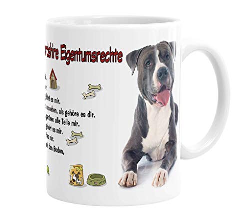 Merchandise for Fans Becher aus Keramik - 330 ml Motiv: American Staffordshire Terrier mit Spruch Eigentumsrechte (02) von Merchandise for Fans