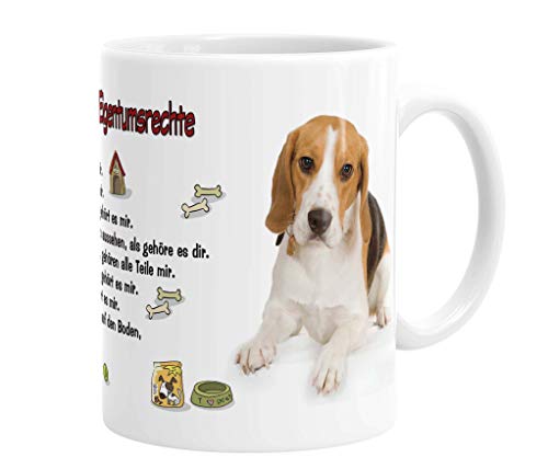 Merchandise for Fans Becher aus Keramik - 330 ml Motiv: Beagle tricolor liegend mit Spruch Eigentumsrechte (03) von Merchandise for Fans