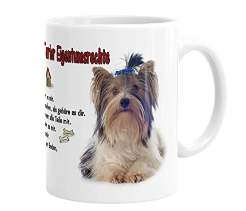 Merchandise for Fans Becher aus Keramik - 330 ml Motiv: Biewer Yorkshire Terrier mit Spruch Eigentumsrechte (01) von Merchandise for Fans