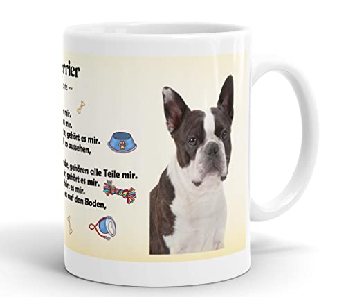 Merchandise for Fans Becher aus Keramik - 330 ml Motiv: Boston Terrier mit Spruch Eigentumsrechte (03) von Merchandise for Fans