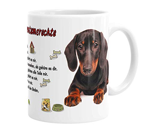 Merchandise for Fans Becher aus Keramik - 330 ml Motiv: Dackel schwarzer Glatthaardackel liegend mit Spruch Eigentumsrechte (17) von Merchandise for Fans