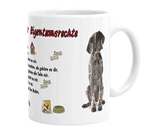 Merchandise for Fans Becher aus Keramik - 330 ml Motiv: Deutsch Kurzhaar sitzend mit Spruch Eigentumsrechte (49) von Merchandise for Fans