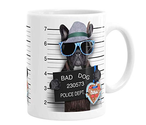 Merchandise for Fans Becher aus Keramik - 330 ml Motiv: Französische Bulldogge mugshot/Polizeifoto mit Tirolerhut (22) von Merchandise for Fans