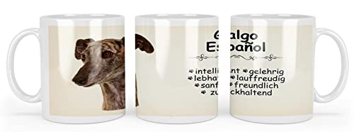 Merchandise for Fans Becher aus Keramik - 330 ml Motiv: Galgo Espanol mit Spruch Charaktereigenschaften (02) von Merchandise for Fans