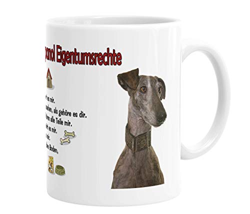 Merchandise for Fans Becher aus Keramik - 330 ml Motiv: Galgo Espanol mit Spruch Eigentumsrechte (01) von Merchandise for Fans