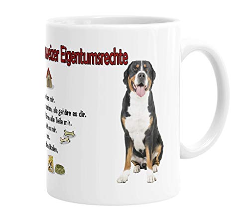 Merchandise for Fans Becher aus Keramik - 330 ml Motiv: Großer Schweizer Sennenhund mit Spruch Eigentumsrechte (01) von Merchandise for Fans