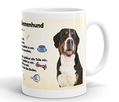 Merchandise for Fans Becher aus Keramik - 330 ml Motiv: Großer Schweizer Sennenhund mit Spruch Eigentumsrechte (03) von Merchandise for Fans