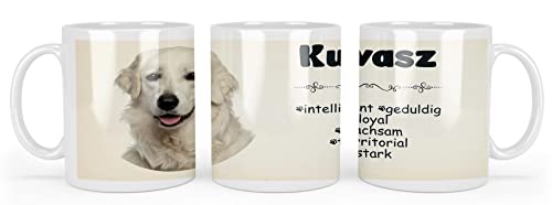 Merchandise for Fans Becher aus Keramik - 330 ml Motiv: Kuvasz Ungarischer Hirtenhund mit Spruch Charaktereigenschaften (01) von Merchandise for Fans