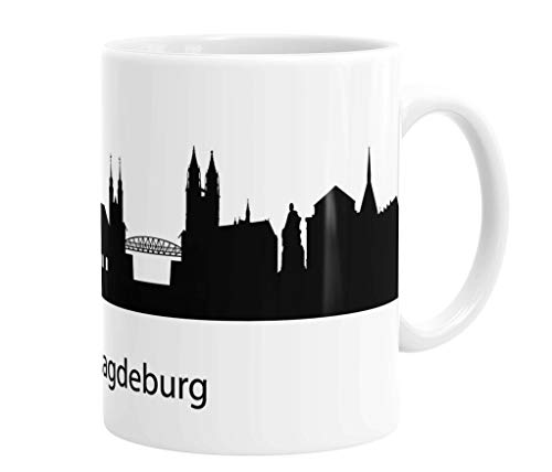 Merchandise for Fans Becher aus Keramik - 330 ml Motiv: Magdeburg Sehenswürdigkeiten Silhouette Skyline (01) von Merchandise for Fans