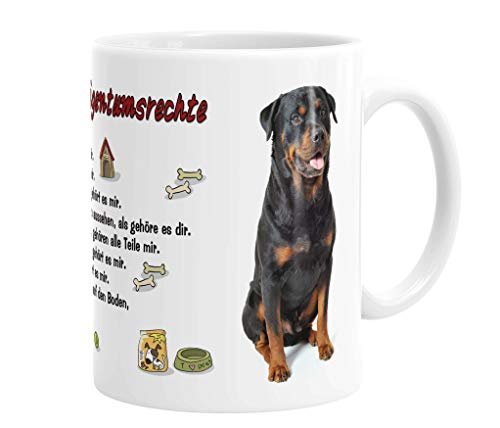 Merchandise for Fans Becher aus Keramik - 330 ml Motiv: Rottweiler sitzend mit Spruch Eigentumsrechte (59) von Merchandise for Fans