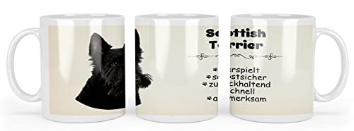 Merchandise for Fans Becher aus Keramik - 330 ml Motiv: Scotch Scottish Terrier mit Spruch Charaktereigenschaften (01) von Merchandise for Fans
