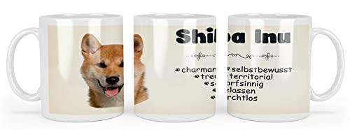 Merchandise for Fans Becher aus Keramik - 330 ml Motiv: Shiba Inu Hund mit Spruch Charaktereigenschaften (01) von Merchandise for Fans