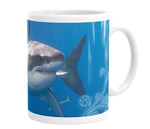 Merchandise for Fans Becher aus Keramik - 330 ml Motiv: Weißer Hai schwimmend unter Wasser (02) von Merchandise for Fans