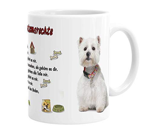 Merchandise for Fans Becher aus Keramik - 330 ml Motiv: West Highland White Terrier sitzend mit Spruch Eigentumsrechte (73) von Merchandise for Fans