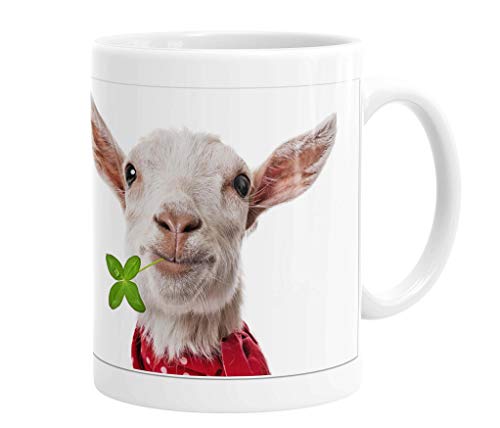 Merchandise for Fans Becher aus Keramik - 330 ml Motiv: Ziege mit Klee im Maul (01) von Merchandise for Fans
