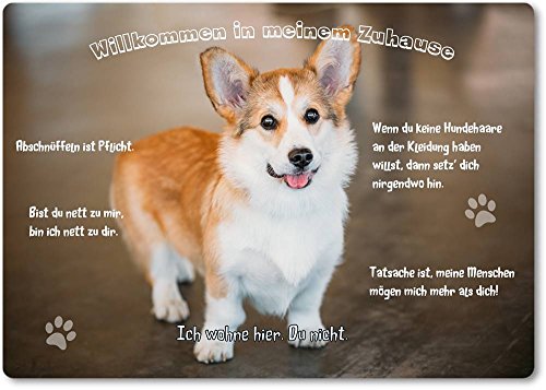 Merchandise for Fans Blechschild/Warnschild/Türschild - Aluminium - 15x20cm - - Willkommen in Meinem Zuhause - Motiv: Welsh Corgi - 02 von Merchandise for Fans