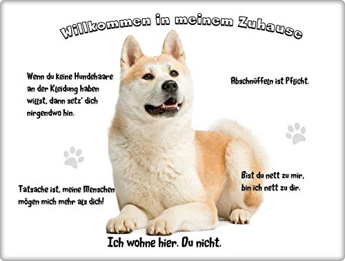 Merchandise for Fans Blechschild/Warnschild/Türschild - Aluminium - 20x30cm - - Willkommen in Meinem Zuhause - Motiv: Akita Inu - 02 von Merchandise for Fans