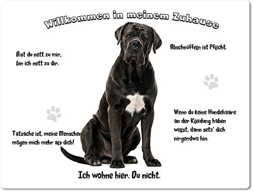 Merchandise for Fans Blechschild/Warnschild/Türschild - Aluminium - 20x30cm - - Willkommen in Meinem Zuhause - Motiv: Cane Corso/Italienischer Mastiff schwarz - 03 von Fitwish