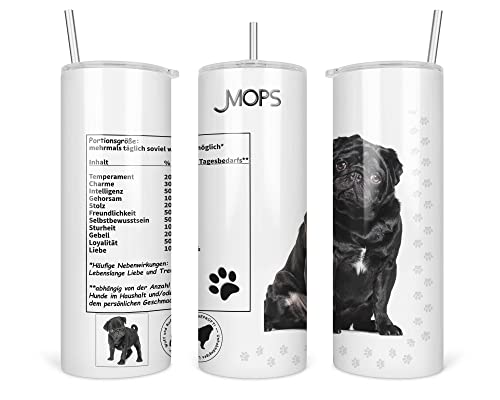 Merchandise for Fans Edelstahlbecher / Thermobecher / Isolierbecher / Coffee-to-go |nachhaltig | 600 ml | Deckel | Trinkhalm | Motiv: Lustige Nährwerte Mops 01 von Merchandise for Fans