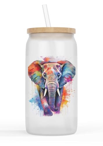 Merchandise for Fans Glasbecher mit Bambusdeckel und Strohhalm |Trinkglas |Saftglas | 550ml - Afrikanischer Elefant 63 von Merchandise for Fans