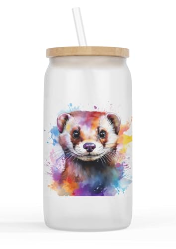 Merchandise for Fans Glasbecher mit Bambusdeckel und Strohhalm |Trinkglas |Saftglas | 550ml - Haustier Frettchen 78 von Merchandise for Fans