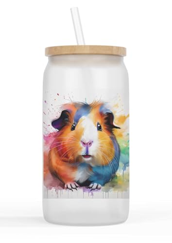 Merchandise for Fans Glasbecher mit Bambusdeckel und Strohhalm |Trinkglas |Saftglas | 550ml - Haustier Meerschweinchen 122 von Merchandise for Fans