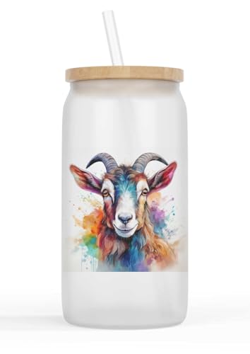 Merchandise for Fans Glasbecher mit Bambusdeckel und Strohhalm |Trinkglas |Saftglas | 550ml - Haustier Ziege Ziegenbock 162 von Merchandise for Fans