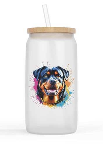 Merchandise for Fans Glasbecher mit Bambusdeckel und Strohhalm |Trinkglas |Saftglas | 550ml - Hund Rottweiler 137 von Merchandise for Fans