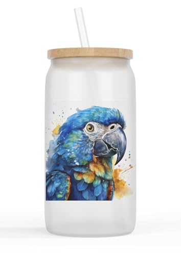 Merchandise for Fans Glasbecher mit Bambusdeckel und Strohhalm |Trinkglas |Saftglas | 550ml - Vogel Papagei Ara blau 17 von Merchandise for Fans