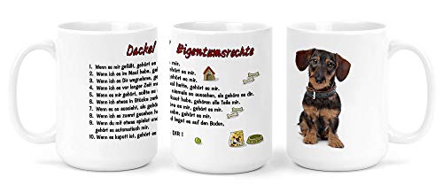 Merchandise for Fans Großer Becher/Jumbo Tasse weiß 450ml - Dackel Rauhhaardackel sitzend mit Spruch Eigentumsrechte (46) von Merchandise for Fans