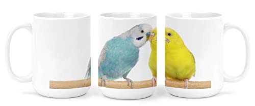 Großer Becher/Jumbo Tasse weiß 450ml - Wellensittiche Paar gelb und blau 02 von Merchandise for Fans