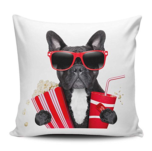 Merchandise for Fans Kissenhülle/Kissenbezug 40x40cm - Motiv: Französische Bulldogge mit Sonnenbrille, Popcorn und Cola auf dem Weg ins Kino | 032 von Merchandise for Fans