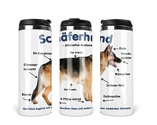 Merchandise for Fans Reisebecher/Thermobecher/Isolierbecher/Edelstahl | 340 ml |Deckel | Motiv Alternative Anatomie Schäferhund 02 von Merchandise for Fans