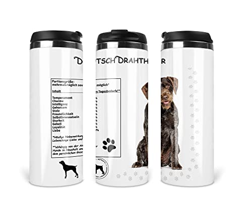 Merchandise for Fans Reisebecher/Thermobecher/Isolierbecher/Edelstahl | 340 ml |Deckel | Motiv Lustige Nährwerte Deutsch Drahthaar von Merchandise for Fans