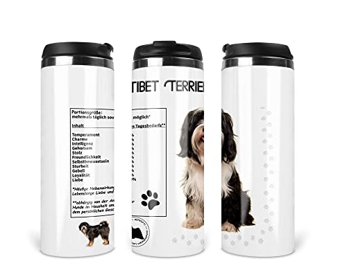 Merchandise for Fans Reisebecher/Thermobecher/Isolierbecher/Edelstahl | 340 ml |Deckel | Motiv Lustige Nährwerte Tibet Terrier von Merchandise for Fans