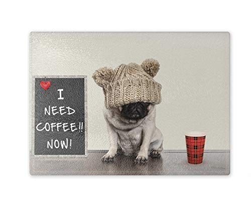 Schneidebrett/Glasschneidebrett 20x28x0,4cm - Motiv: Mops "I need coffee now" | 02 von Merchandise for Fans