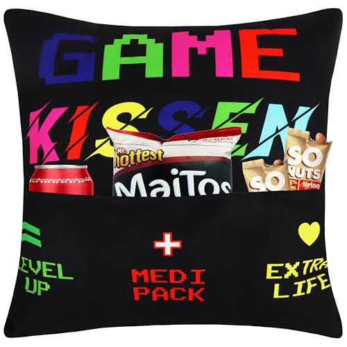 Merclix Gamer Geschenk Lustig Kissenbezug 45x45 mit 3 Taschen Zocker Geschenke für Männer Weihnachten Gaming Deko Zimmer Teenager Jungen Geburtstag von Merclix