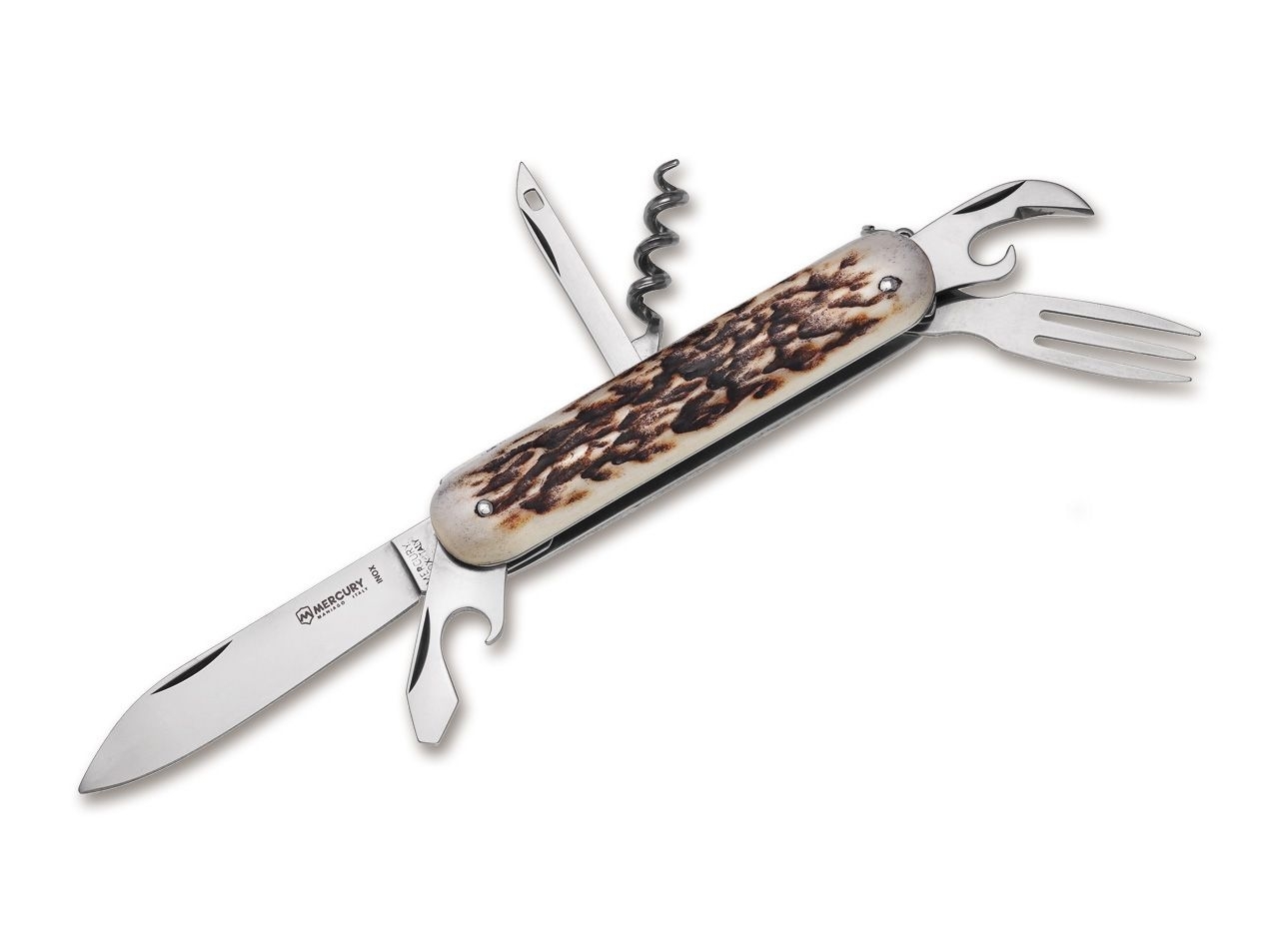 Taschenmesser 913-6DC mit Gabel, Korkenzieher Jäger Messer Horn §42a konform legal führen von Mercury