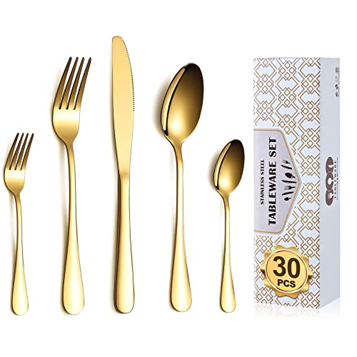 Merecho Besteckset für 6 Personen, Edelstahl Essbesteck Set 30 teilig, Besteckset mit Messer Gabel Löffel, Gold Besteck Set, Tafelbesteck Set, glänzend, Spülmaschinenfest von Merecho