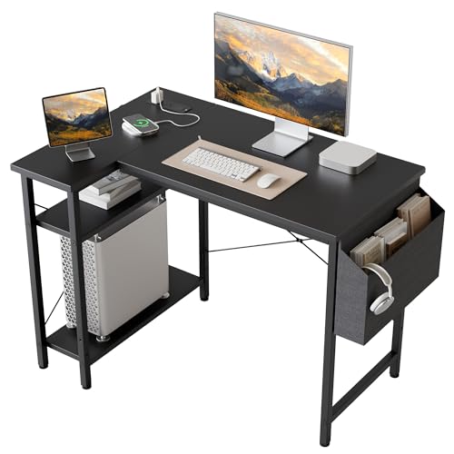 Mericonia Kleiner L-förmiger Schreibtisch mit Steckdosen, 100 cm, Computer-Eckschreibtische mit wendbaren Regalen, Gaming-Schreibtisch, Arbeitsschreibtisch für Heimbüro, Schwarz von Mericonia