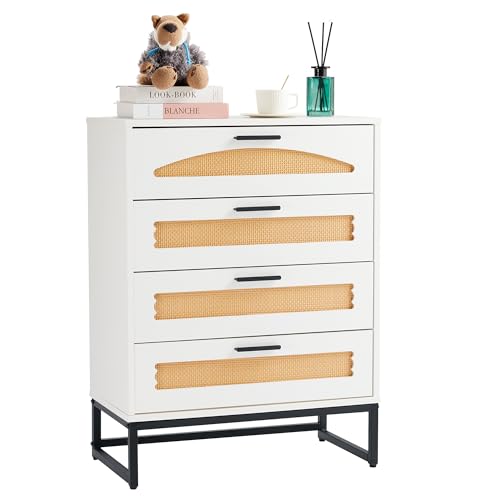 Mericonia Natürliche Rattan-Kommode mit 4 Schubladen, Schlafzimmer Aufbewahrungs-Organisationskommode mit stabilen Griffen und Füßen für Schlafzimmer, Wohnzimmer, Flur und Eingangsbereich, Weiß von Mericonia