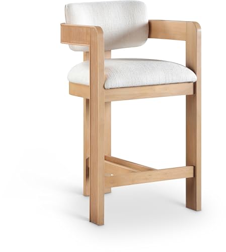 Meridian Furniture 11074Cream-C Sacha Collection Art-Deco-Hocker mit reichhaltigem cremefarbenem Leinenstrukturstoff, zweifarbiges Gewebe, Massivholz, natürliches Finish, geriffeltes Holz, 52,1 x 53,3 von Meridian Furniture